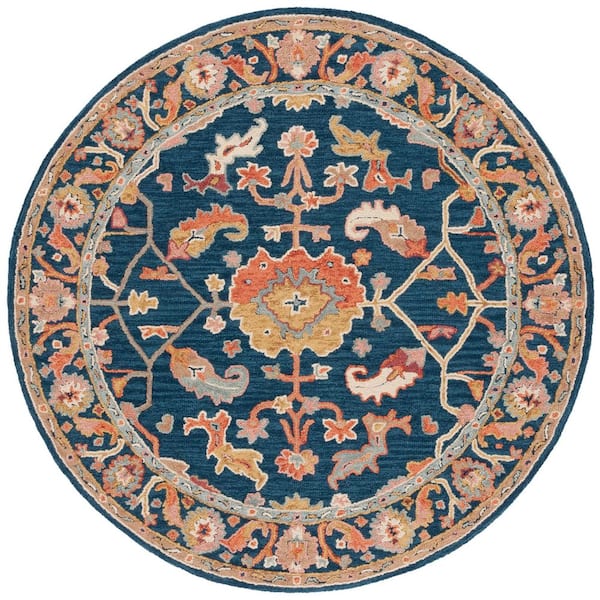 Metro 6 ft. x 6 ft. Navy/Red Ornate Border Abstract Round Area Rug