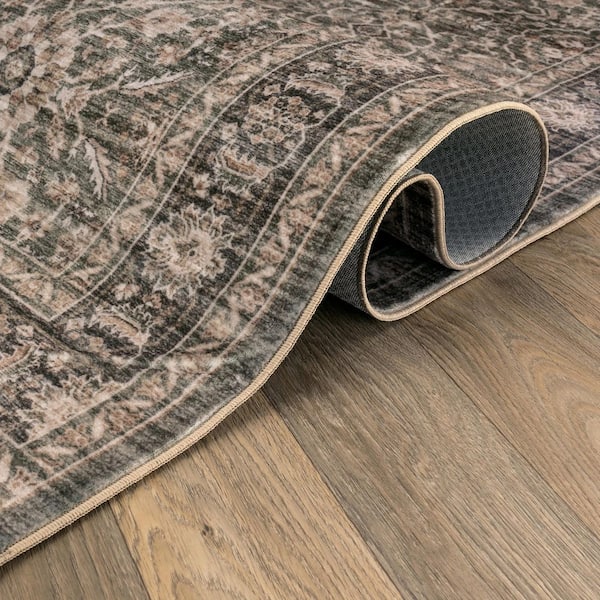 Traditional Allover Sage Green Machine Washable Non-Slip Backing 5 ft. x 7 ft. Green Area Rug