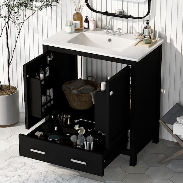 Tenleaf 30 in. W x 18 in. D x 34 in. H Single Sinks Freestanding Bath Vanity in Black with White Ceramic Top