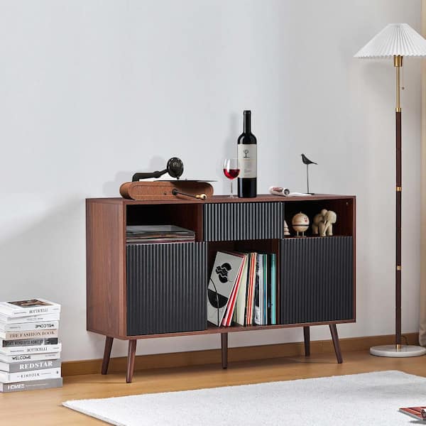 ATHMILE Walnut Large Record Player Stand/Record Storage Cabinet (15.75 in. D x 47.24 in. W x 31.1 in. H)