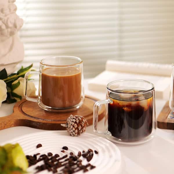 Wudkey 15 oz. Double Walled Glass Coffee Mugs with Handle, Clear Espresso/Cappuccino Cups (Set of 2)