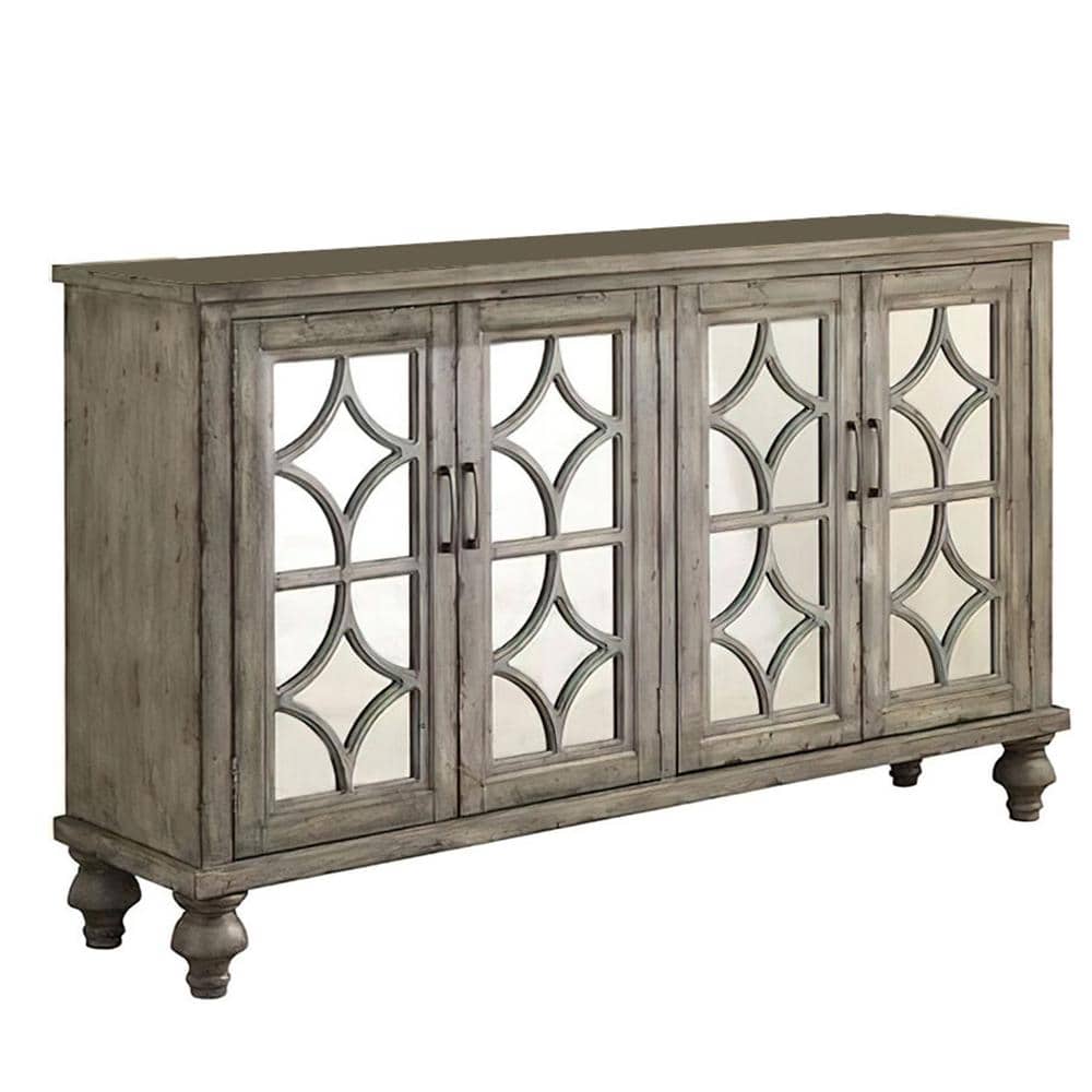 Velika Weathered Gray Wooden Console Table with Mirrored Doors