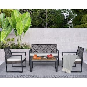 4-Piece PE Wicker Outdoor Bistro Modern Patio Garden Furniture Set with Acacia Wood Table Beige Seat Cushions Plus Brown