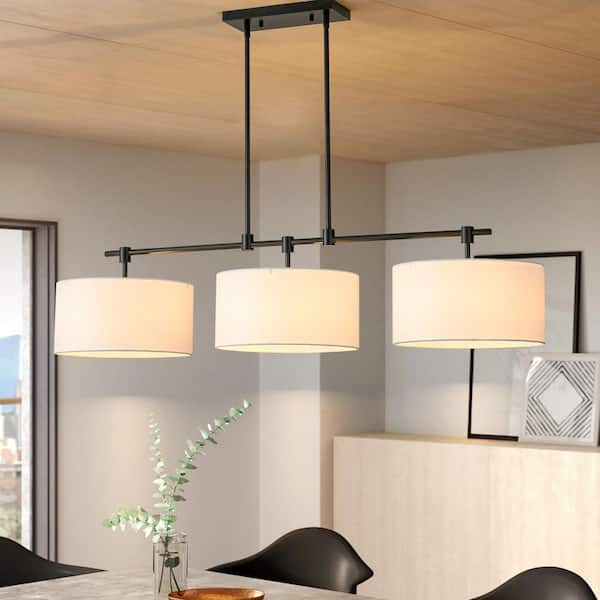 Constance Modern Matte Black 3-Light Fabric Drum Shade Kitchen Island Pendant Light