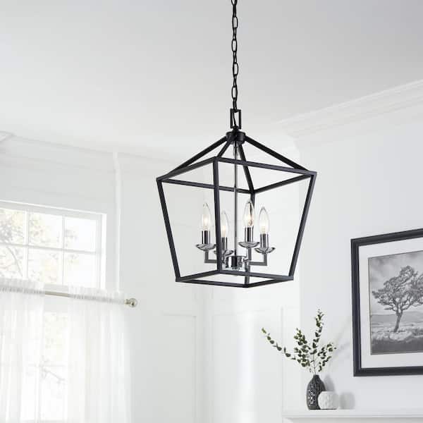 Home Decorators Collection Weyburn 4-Light Black and Polished Chrome Farmhouse Chandelier Light Fixture with Caged Metal Shade