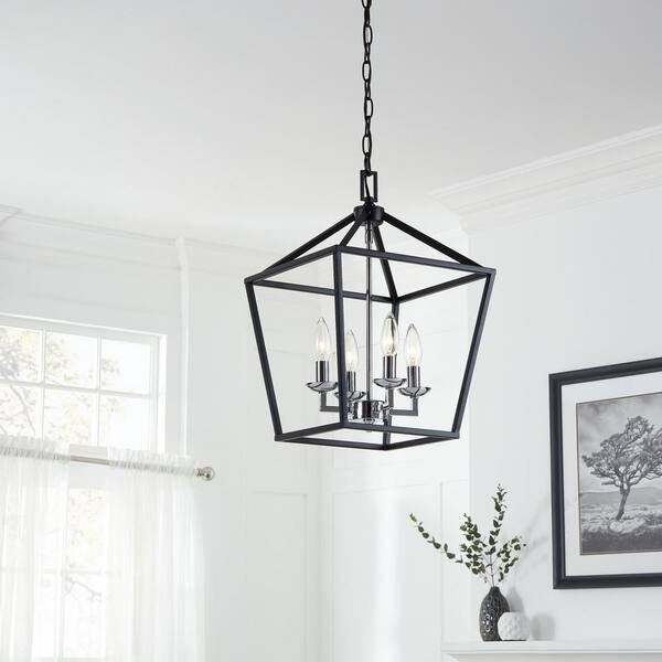 Weyburn 4-Light Black and Polished Chrome Farmhouse Chandelier Light  Fixture with Caged Metal Shade