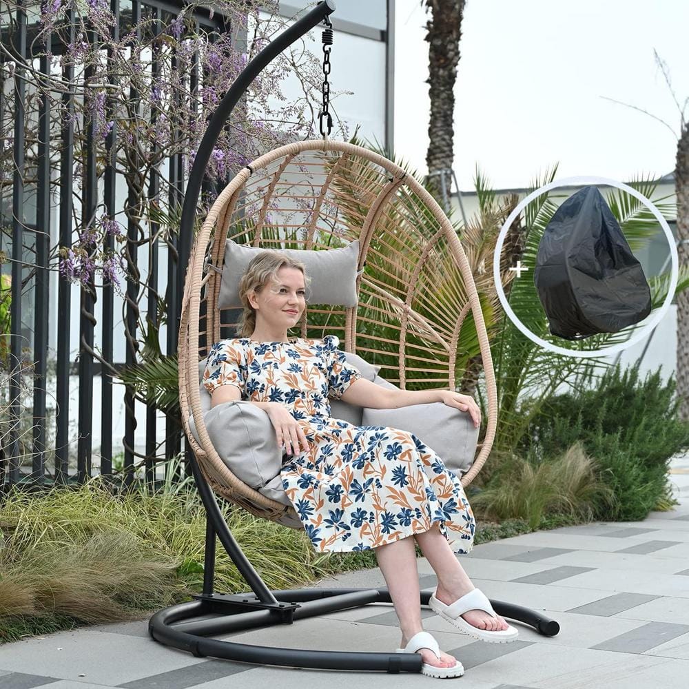 AUTMOON Outdoor Indoor Swing Egg Chair Natural Color Wicker