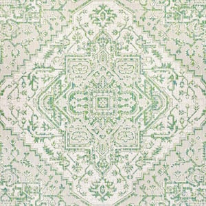 Estrella Bohemian Medallion Textured Weave Green/Cream 5 ft. Square Indoor/Outdoor Area Rug