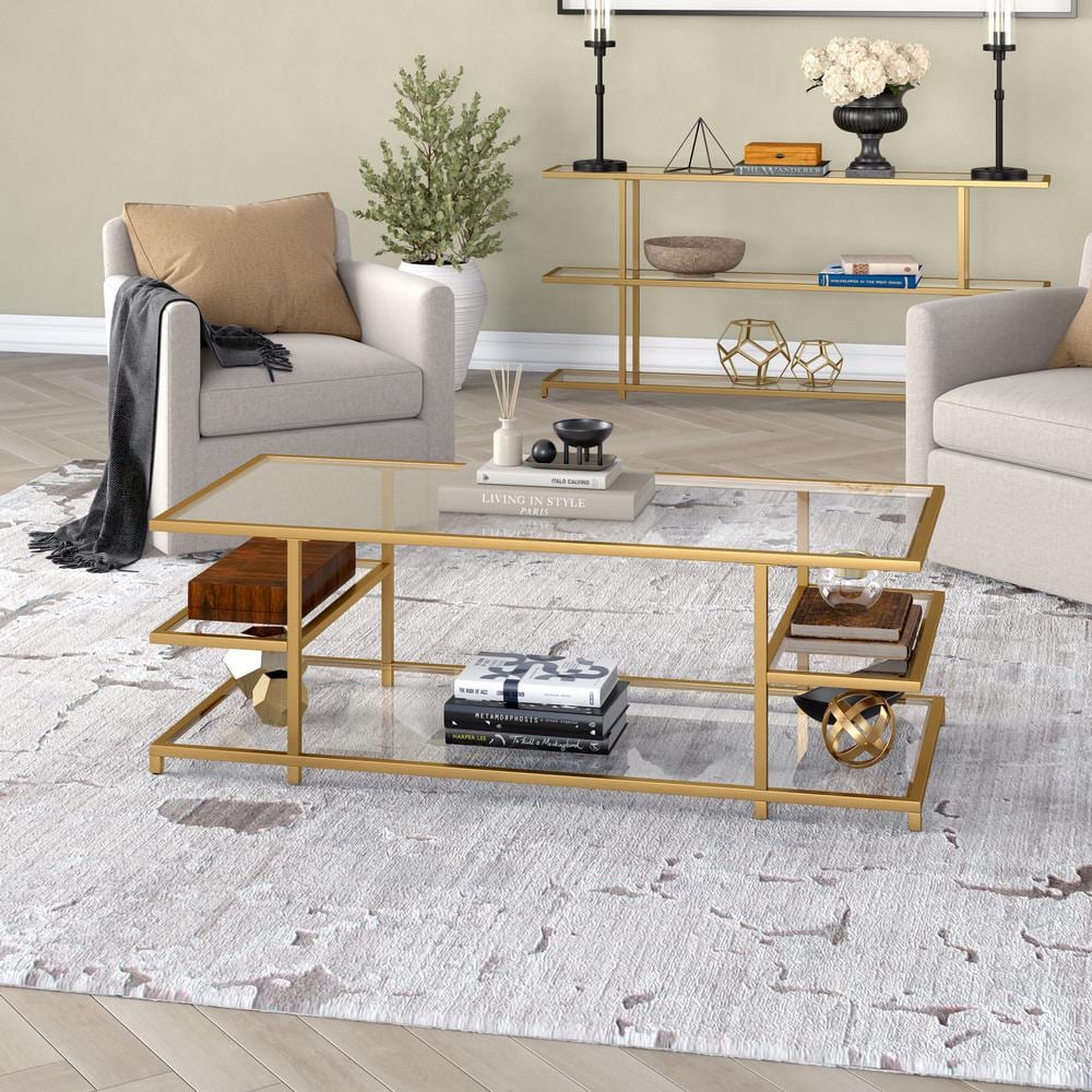 Greenwich 54'' Brass and Glass Modern Coffee Table