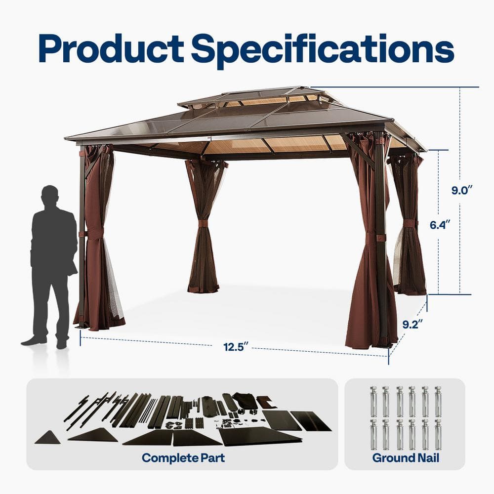 10x13 Brown Aluminum Patio Gazebo with Polycarbonate Roof
