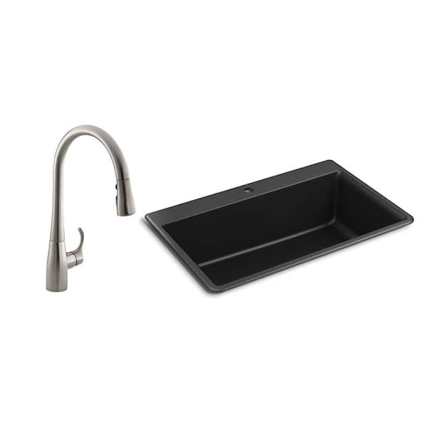 KOHLER Kennon Drop-in/Undermount Granite Composite 33 in. Single Bowl Kitchen Sink with Simplice Kitchen Faucet in Matte Black