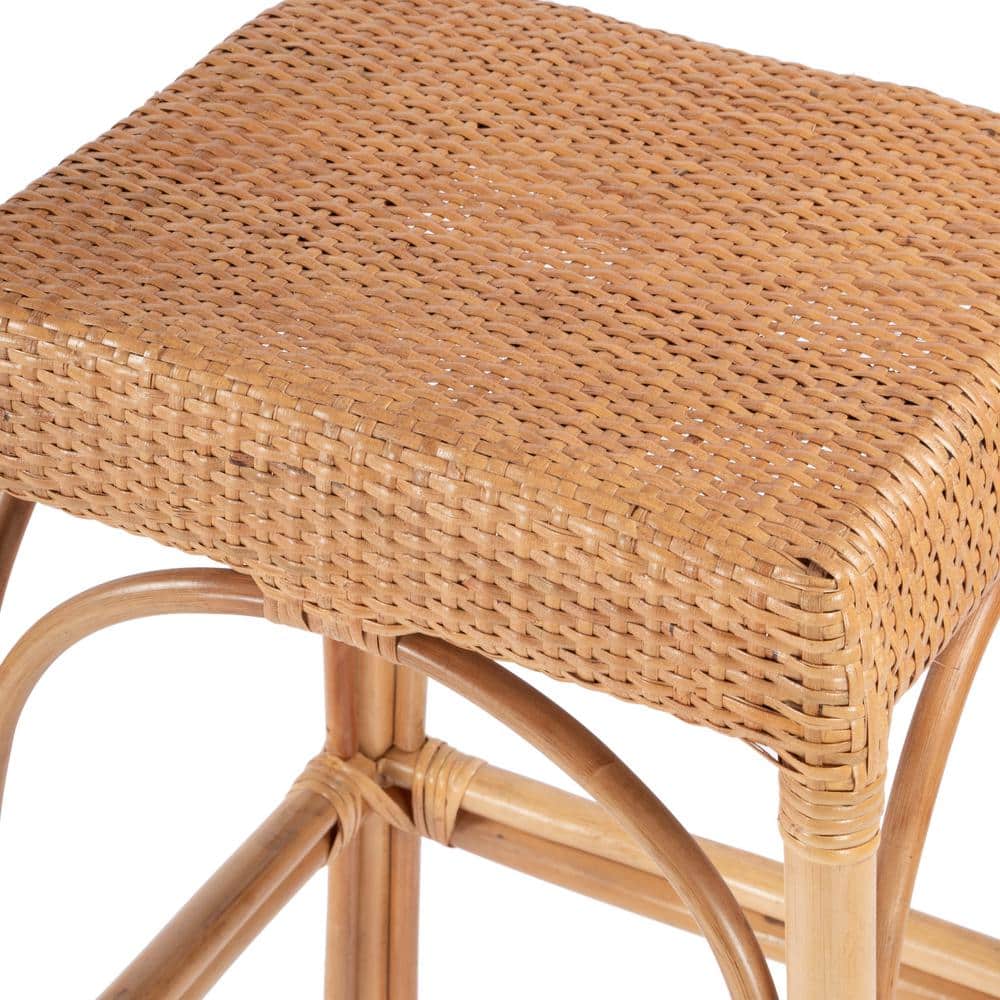 Natural Rattan and Wood Backless Bar Stool, 30" Height