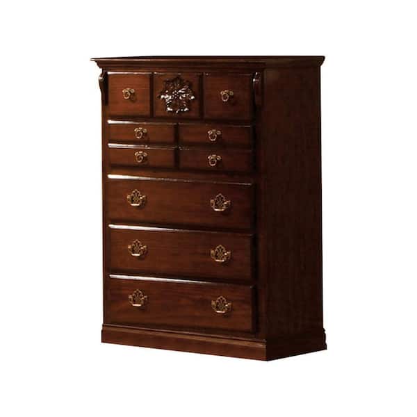 Benjara Glossy Dark Pine 9-Drawer 38 in. Wide Chest of Drawers
