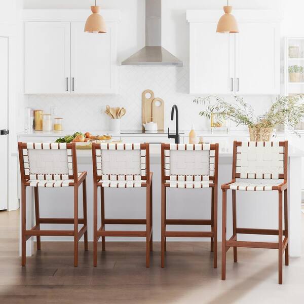 LUE BONA Attox 26 in. White Wood Frame Modern Bar Stools with Solid Wood Woven Leather Seat and
