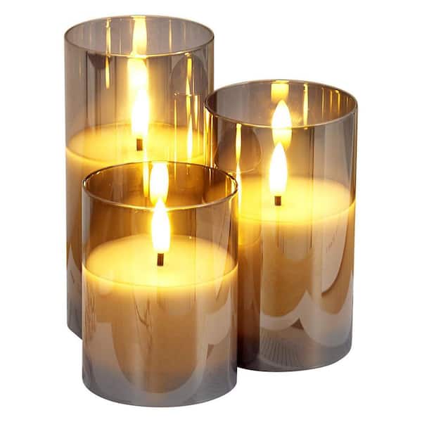 Gray Flickering Flameless Candles Set of 3 Battery Operated Flameless Led Candles with 10-Key Remote and Timer