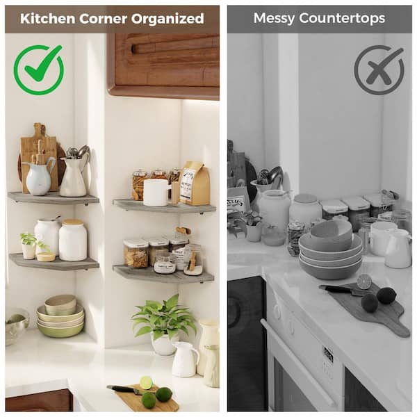 16.5 in. W x 10.5 in. D Gray Wood Corner Shelves 2-Pack, Floating 16.5 in. W x 10.5 in. D Gray Wood Corner Shelves 2-Pack, Floating