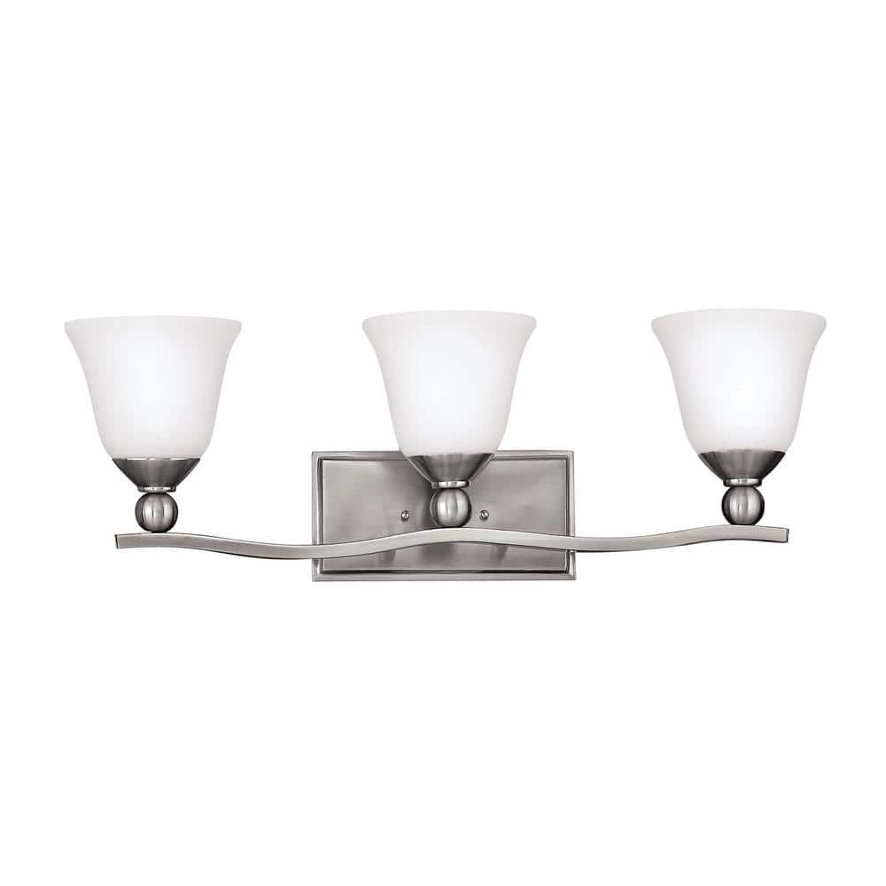 Elegance Brushed Nickel 3-Light Bath Fixture with Etched Opal Shades