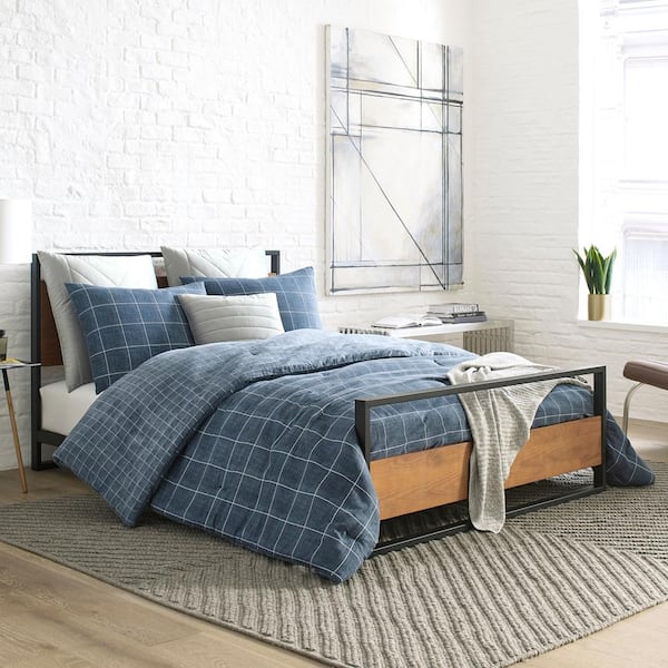 KENNETH COLE NEW YORK Holden Grid 3-Piece Blue Plaid Cotton Full/Queen Comforter Set