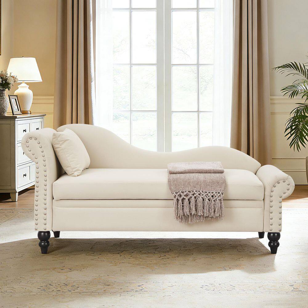 Syvo French Beige Velvet Upholstered Left Rolled Armrest Storage Chaise Lounge with Nails Decoration Plus Pillow