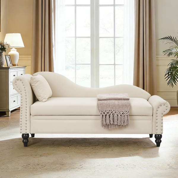 Syvo French Beige Velvet Upholstered Left Rolled Armrest Storage Chaise Lounge with Nails Decoration Plus Pillow