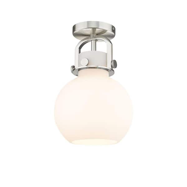 Newton Sphere 8 in. 1-Light Satin Nickel Industrial Flush Mount with Seeded Glass Shade