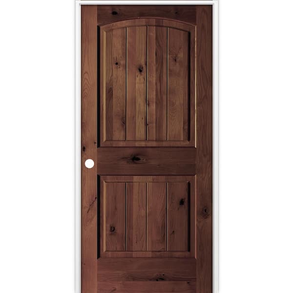 32 in. x 80 in. Rustic 2-Panel Arch Top VG Right-Hand Red Mahogany Stain Knotty Alder Wood Single Prehung Interior Door