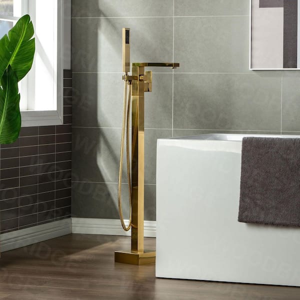 WOODBRIDGE Neptune Single-Handle Floor Mount Freestanding Tub Filler Faucet with Square Hand Held Shower in Brushed Gold