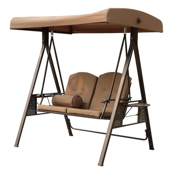 maocao hoom 2-Seat Beige Outdoor Patio Swing Chair with Cushions and Pillow