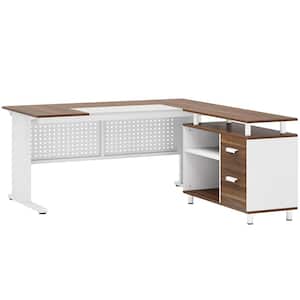 Halseey 63 in. L Shaped White and Brown Wood 2-Drawer Computer Desk for Home Office, Executive Desk with File Cabinet
