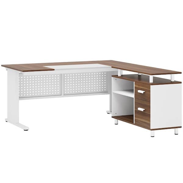 TRIBESIGNS WAY TO ORIGIN Halseey 63 in. L Shaped White and Brown Wood 2-Drawer Computer Desk for Home Office, Executive Desk with File Cabinet