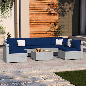 7-Piece Wicker Outdoor Patio Conversation Sectional Seating Set with Navy Blue Cushions, Coffee Table for Outdoors