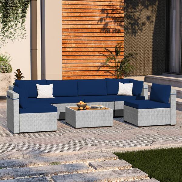 UPHA 7-Piece Wicker Outdoor Patio Conversation Sectional Seating Set with Navy Blue Cushions, Coffee Table for Outdoors