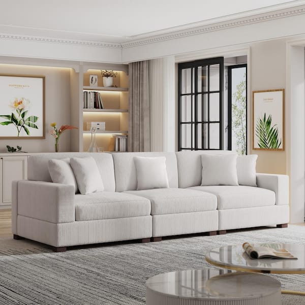 Uixe 117 in. Square Arm 3-piece Corduroy Upholstered 3-Seats Sectional Sofa in. Beige with Five Pillows