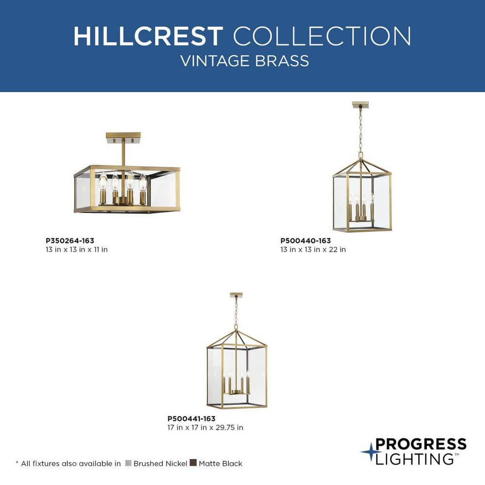 Hillcrest 13'' Vintage Brass Semi-Flush Mount with Glass Panels