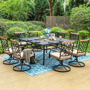 9-Piece Metal Square Outdoor Dining Set with Table and Swivel Chairs with Beige Cushions