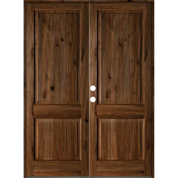Krosswood Doors 72 in. x 96 in. Rustic Knotty Alder Square Top Provincial Stain/V-Groove Right-Hand Wood Double Prehung Front Door