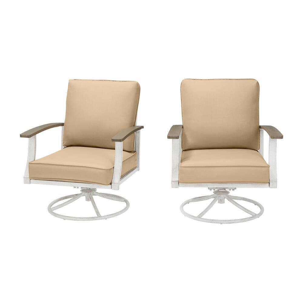 Hampton Bay Marina Point White Steel Outdoor Patio Swivel Lounge Chair with Sunbrella Beige Tan
