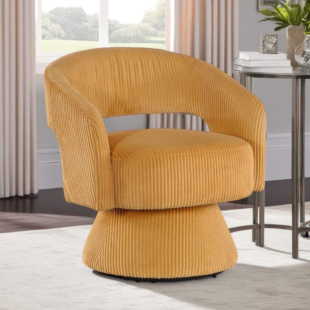 Benjara Rayne Yellow Corduroy Arm Chair with Round Metal Swivel