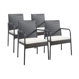 Dark Brown Wicker Outdoor Patio Dining Chairs with Beige Cushion (Set of 4)