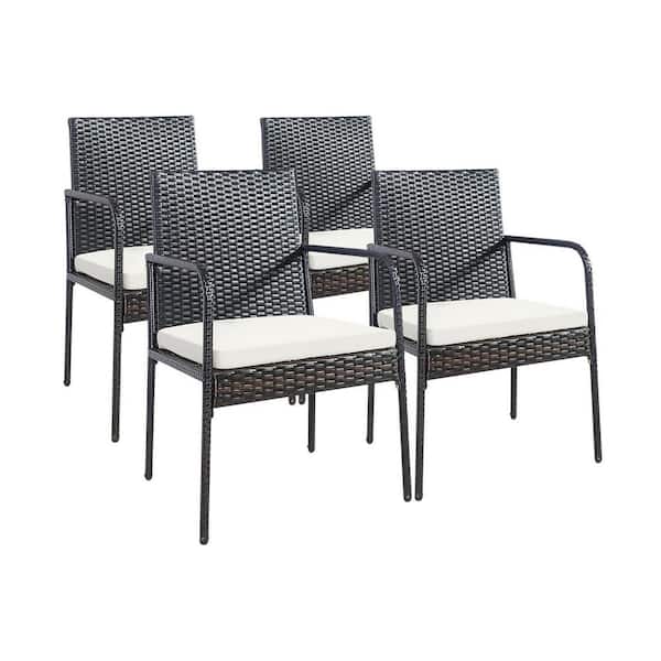 SUNRINX Dark Brown Wicker Outdoor Patio Dining Chairs with Beige Cushion (Set of 4)