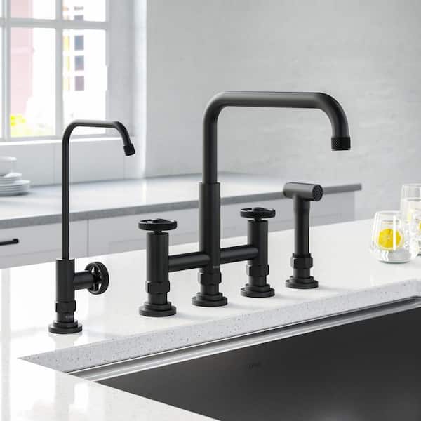 Urbix Industrial Double Handle Bridge Kitchen Faucet and Beverage Faucet in Matte Black