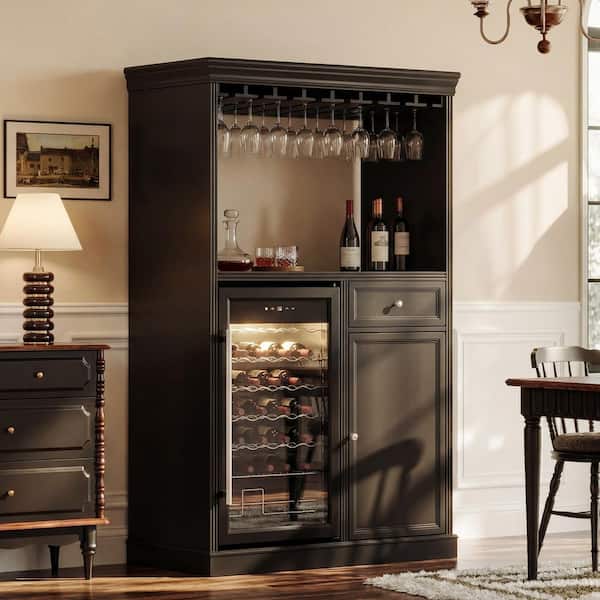 muichiga RICO Fit 「dark wine」 FUFU&GAGA 34-Bottle Charcoal Black 39.4 in. W Wine Cabinet w/ Wine