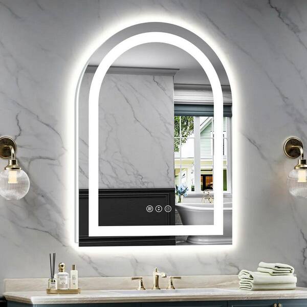 26 in. W x 36 in. H Arched Frameless Front & Back Lighted Anti-Fog Wall Bathroom Vanity Mirror, Tempered Glass, UL