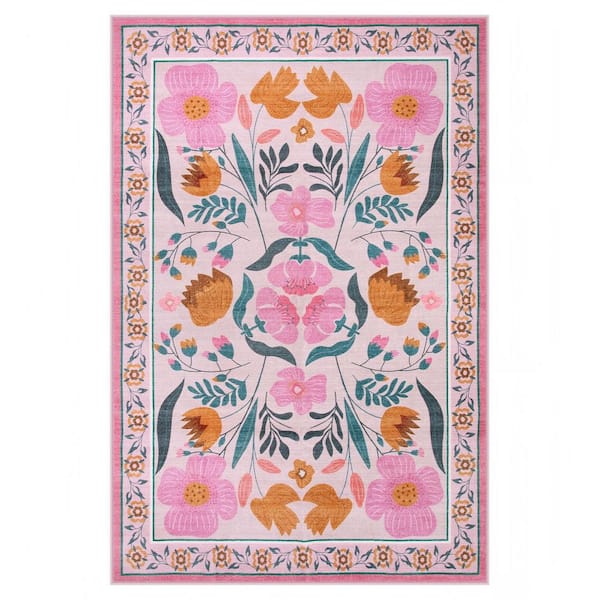 Cottagecore Floral Washable Non-Slip Pink 6 ft. x 9 ft. Area Rug