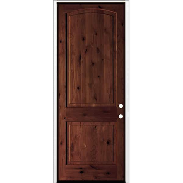 36 in. x 96 in. Rustic Knotty Alder 2-Panel Arch Top Left-Hand/Inswing BEHR Red Mahogany Stain Wood Prehung Front Door