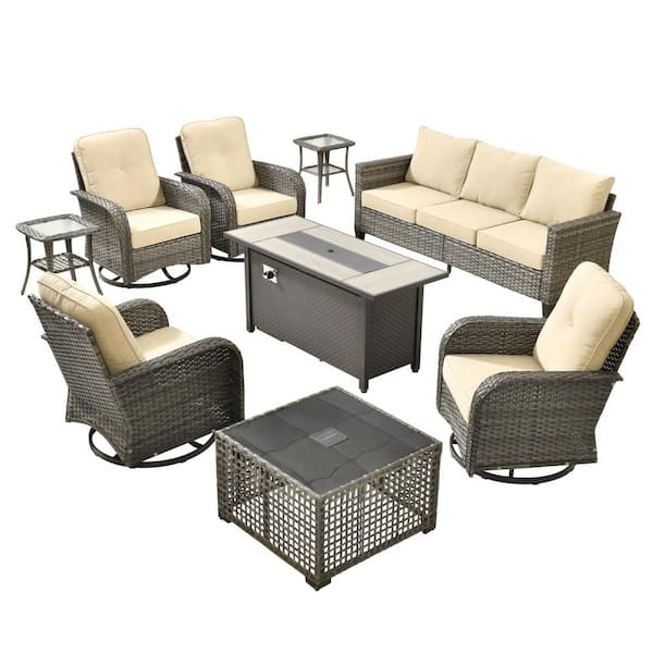 Scarlet 9-Piece Wicker Outdoor Furniture Patio Conversation Sofa Set with Swivel Chairs, a LED Table and Beige Cushions
