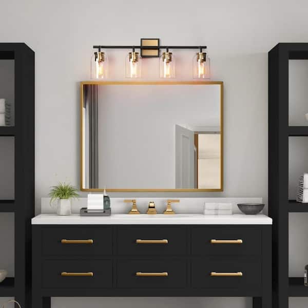 27.5 in. Modern 4-Light Brass Gold Bathroom Vanity Light, Bath Lighting with Cylinder Clear Glass, Black Wall Sconce