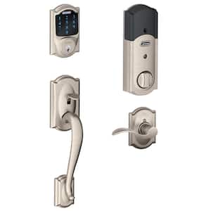 Camelot Satin Nickel Connect Z-Wave Plus Smart Wifi Deadbolt Door Lock and Accent Handle Handleset with Camelot Trim