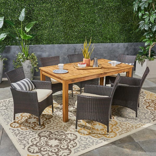 Noble House Nadia Multi-Brown 7-Piece Wood and Plastic Outdoor Dining Set with Beige Cushions