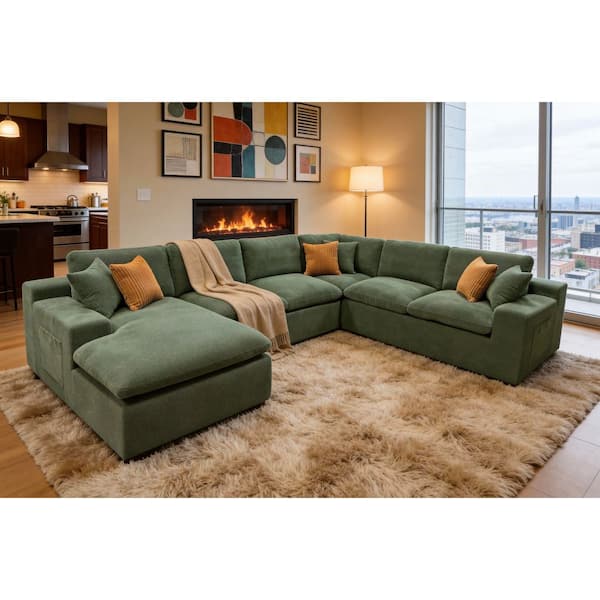Phoebe 135 in. Square Arms Polyester Blend Modular Compressed Sectional Sofa in Dark Green with Chaise, Storage Pockets